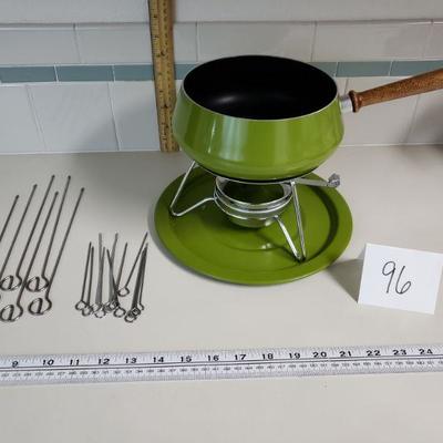 Lot 96: Mid Century Avocado Green Fondue Pot and Skewers