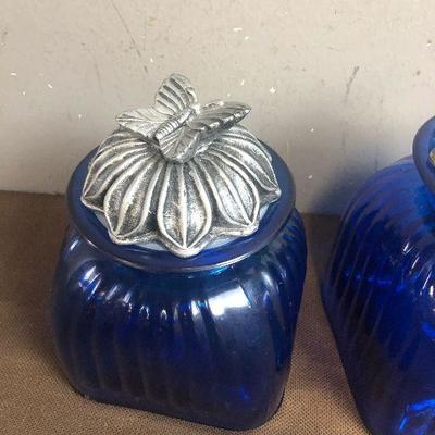 #215 2 Blue Glass Canisters. 