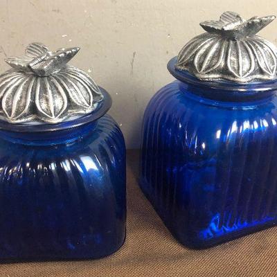 #215 2 Blue Glass Canisters. 
