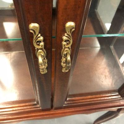 #250 Mirrored back, Brass Handled Queen Ann Leg Glass and Cherry Wood Cabinet