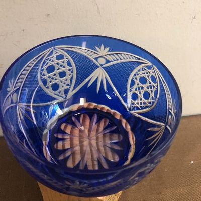 #268 Blue Cut Glass Covered Dish 