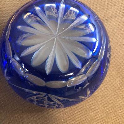 #268 Blue Cut Glass Covered Dish 
