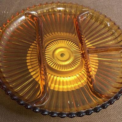 #276 Amber Glass Divided Servicing Dish w/Lazy Susan  