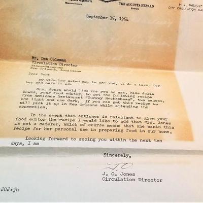 Lot #356  Original Correspondence from Antoine's Restaurant - Secret Recipe included