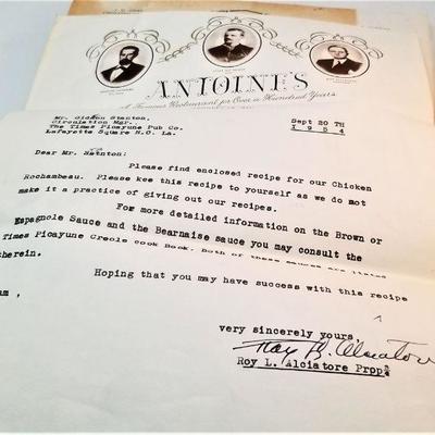Lot #356  Original Correspondence from Antoine's Restaurant - Secret Recipe included