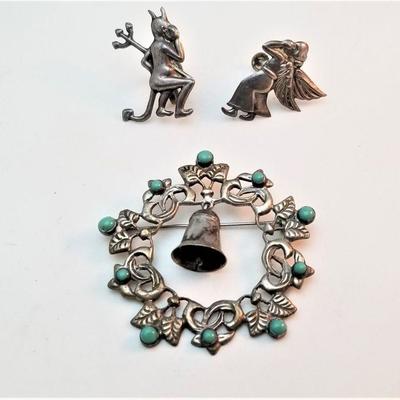 Lot #357  Sterling Silver Christmas Wreath Brooch and  Sterling Angel/Devil on my Shoulder earrings