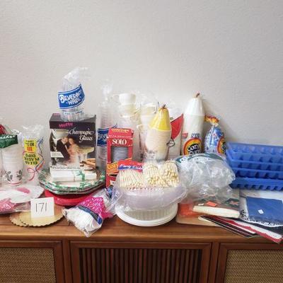 Lot 171: Disposable Plates, Cups,, Silverware, Tablecloths ect.