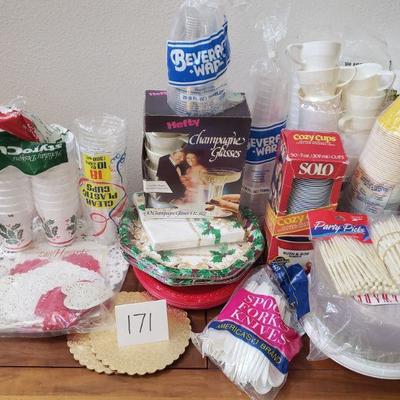 Lot 171: Disposable Plates, Cups,, Silverware, Tablecloths ect.