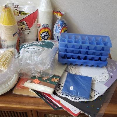 Lot 171: Disposable Plates, Cups,, Silverware, Tablecloths ect.