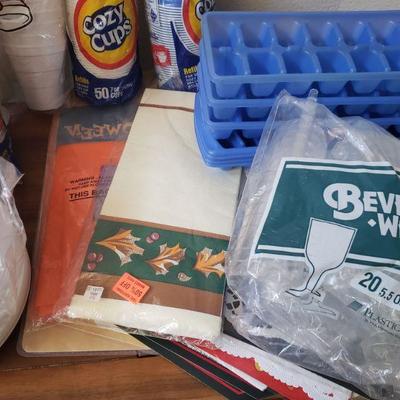 Lot 171: Disposable Plates, Cups,, Silverware, Tablecloths ect.