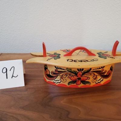Lot 192: Vintage Norge Wooden Candy Container