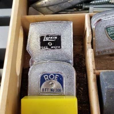 LOT #284: Tray of Measuring Tapes, Drill Bits, Large Bolt Screws and More