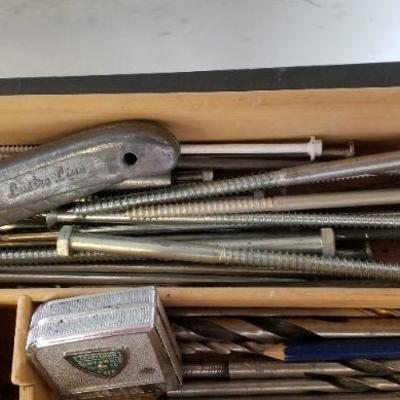LOT #284: Tray of Measuring Tapes, Drill Bits, Large Bolt Screws and More