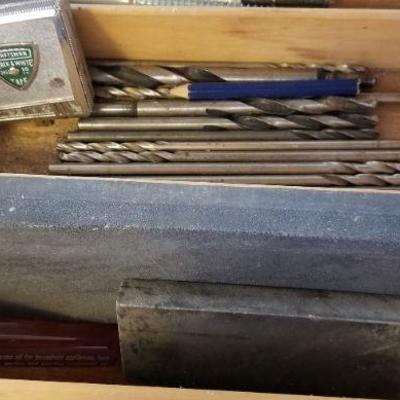 LOT #284: Tray of Measuring Tapes, Drill Bits, Large Bolt Screws and More