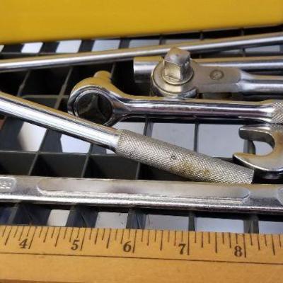 LOT #293: Huge Bundle of Wrenches and Sockets w/ Yellow Plastic Case