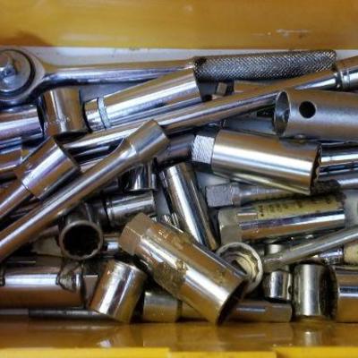 LOT #293: Huge Bundle of Wrenches and Sockets w/ Yellow Plastic Case