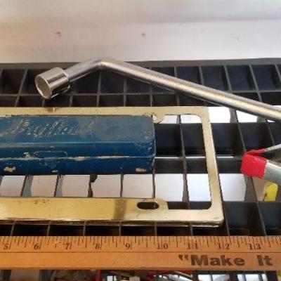 LOT #417: Gold Plated License Frame. Clip, Toyota Lug Wrench & Empty BUFFALO Case