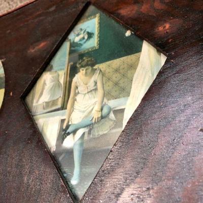 Vintage Playing Card Shape Cut Out Picture Frame with Woman Bathing Art