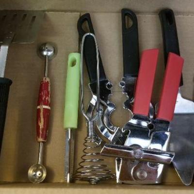 LOT #436: Box of assorted kitchen utensils