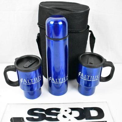 4 pc Altius Drink Set: Black Bag, 2 blue travel cups, 1 blue bottle