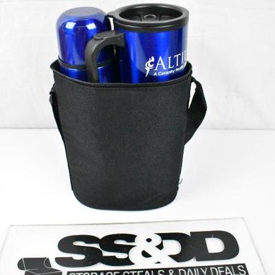 4 pc Altius Drink Set: Black Bag, 2 blue travel cups, 1 blue bottle