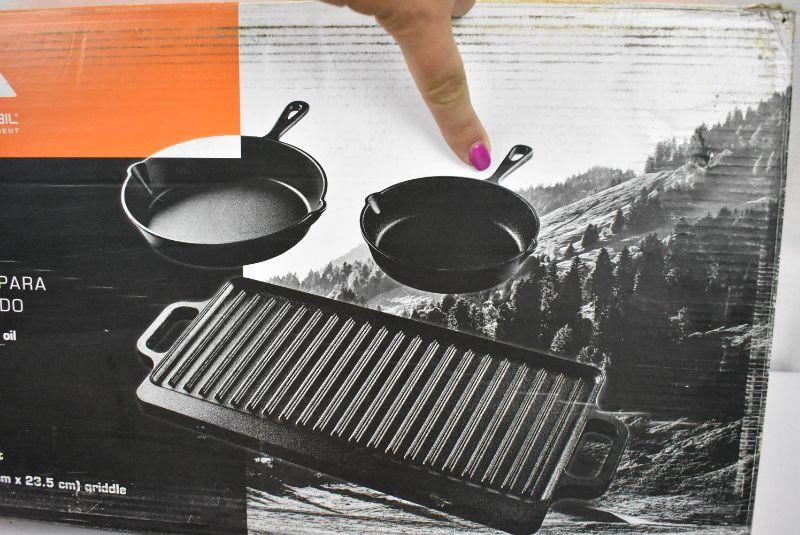 Ozark Trail 4-Piece Cast Iron Skillet Set with Handles and Griddle,  Pre-Seasoned, 6, 10.5, 11