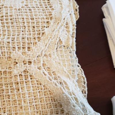 Lot 565:  Handmade Lace Tablecloth & 1 white Vintage Tablecloth, Napkins