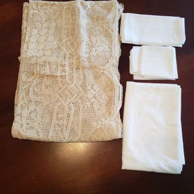 Lot 565:  Handmade Lace Tablecloth & 1 white Vintage Tablecloth, Napkins