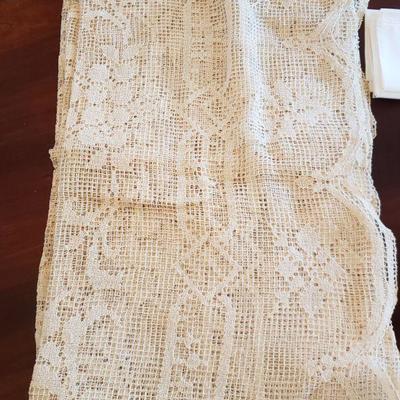 Lot 565:  Handmade Lace Tablecloth & 1 white Vintage Tablecloth, Napkins