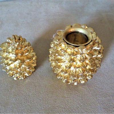 fortunoff Gold Pine Cone Candle holder set Vintage