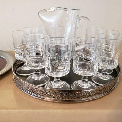 Lot 571: Mid Century (2) Bar Trays, Pitcher and Glassware 