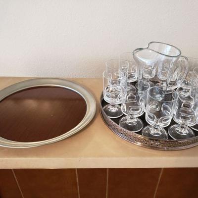 Lot 571: Mid Century (2) Bar Trays, Pitcher and Glassware 