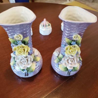 Lot 574: (2) German Vases (3) Little Flower Trinket Boxes