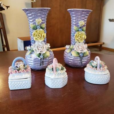 Lot 574: (2) German Vases (3) Little Flower Trinket Boxes