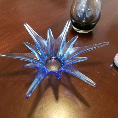 Lot 575: Murano Paperweight, Mid Century Atomic Blue Dish, Blenko? Decanter 