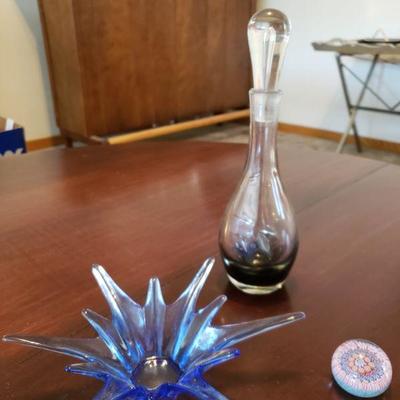 Lot 575: Murano Paperweight, Mid Century Atomic Blue Dish, Blenko? Decanter 