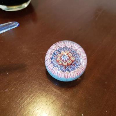 Lot 575: Murano Paperweight, Mid Century Atomic Blue Dish, Blenko? Decanter 