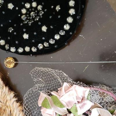 Lot 584: Vintage Fur, Rhinestone, Feather, Ect. HATS and Hat Pin