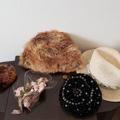 Lot 584: Vintage Fur, Rhinestone, Feather, Ect. HATS and Hat Pin