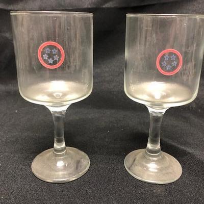 Pair of Water Glasses Wine Goblets Blue Stars in Red Circle Logo