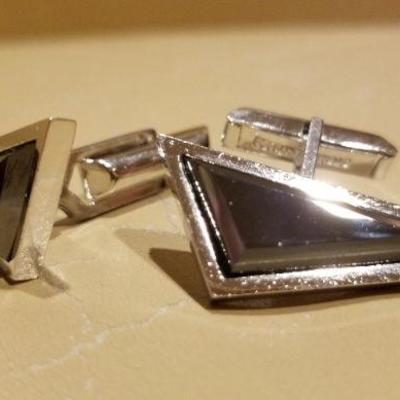 LOT #644: Vintage Mid Century Modern Sterling 925 Cufflink Set w/ Black Onyx Stones
