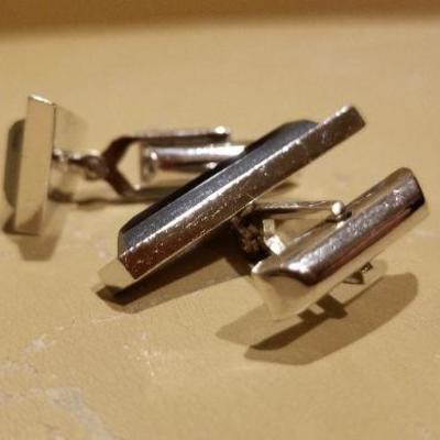 LOT #644: Vintage Mid Century Modern Sterling 925 Cufflink Set w/ Black Onyx Stones