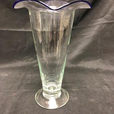 Large Fluted Glass Blue Rim Vase