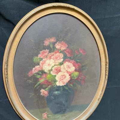 Oval Framed Pink Carnations in a Vase Art Print