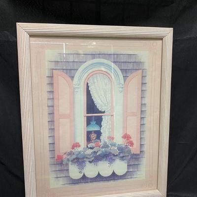 Framed Pastel Color Artwork of a Window with Flowers