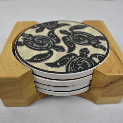 Set of 4 Coasters with Wooden Holder. No packaging - New