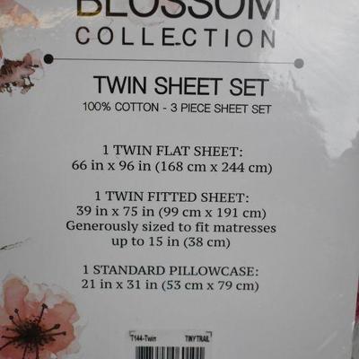 Renauraa Blossom Collection Twin Sheet Set, Floral, 3 pc 100% Cotton - New