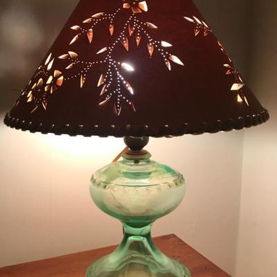 LOT # 402 Green Glass Oil Lamp 