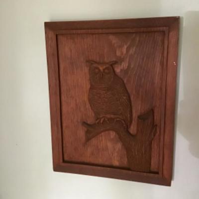 LOT # 403 Handcarved Pinewood Owl Wall Hanging 
