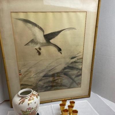 LOT # 410 Signed Japanese Lithograph with Vase and Cordials 